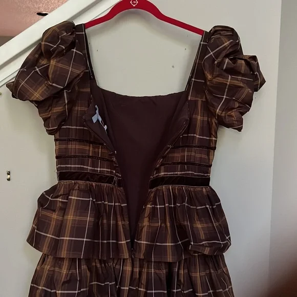 Antonio Melani Maisie Plaid Print Square Neck Puff Sleeve Ruffle Midi Dress - Picture 6 of 13